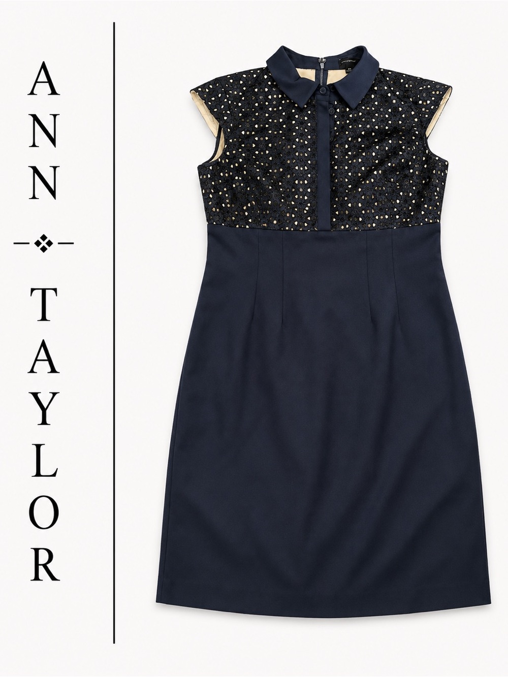 Ann Taylor Navy Eyelet Lace Sheath Dress Collared Career Office Size 8. h